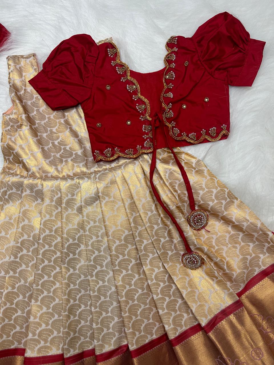 (SB216)Annam Red Aari Overcoat Kanchipuram Pattu Pavadai