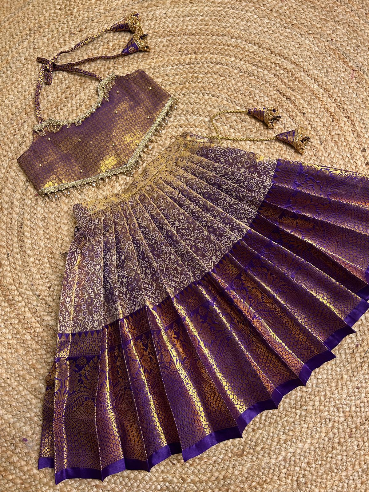 (SB403)Bakkia - Purple Kanchi Pattu Pavadai with Crop Top (Crystal Work)