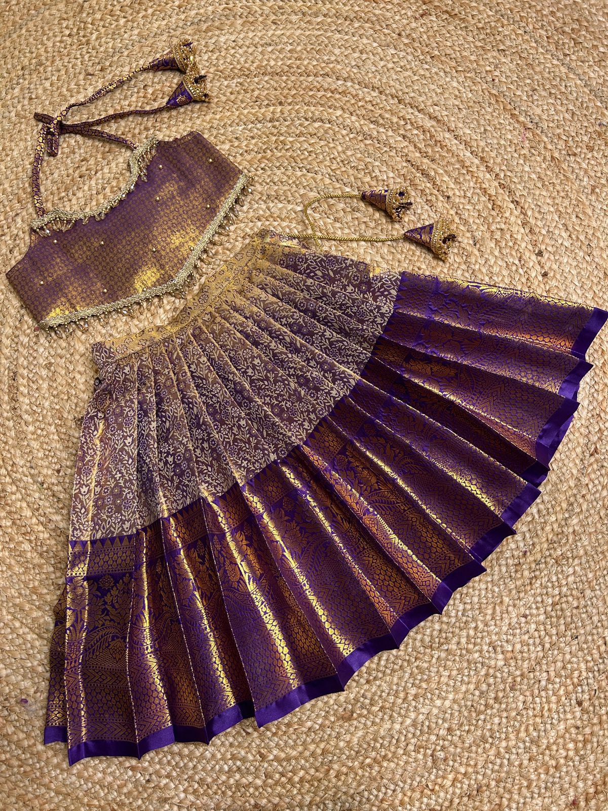 (SB403)Bakkia - Purple Kanchi Pattu Pavadai with Crop Top (Crystal Work)