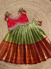 (SB404)Mirchi Red with Mehandi Green Kanchipuram Pattu Pavadai Sattai