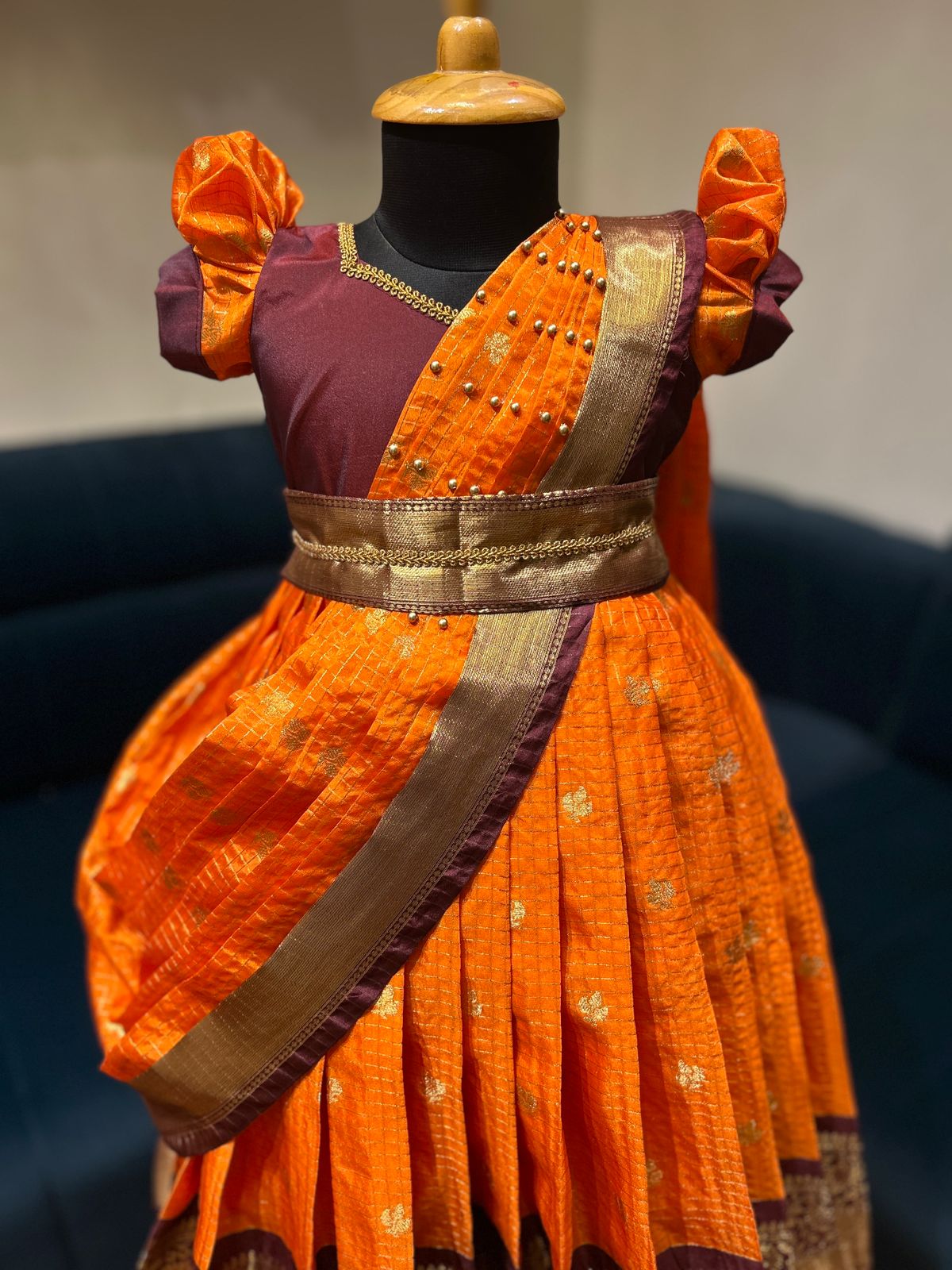(SB415)Orange with Brown Pattu Lehenga in Flow Shawl Pattern