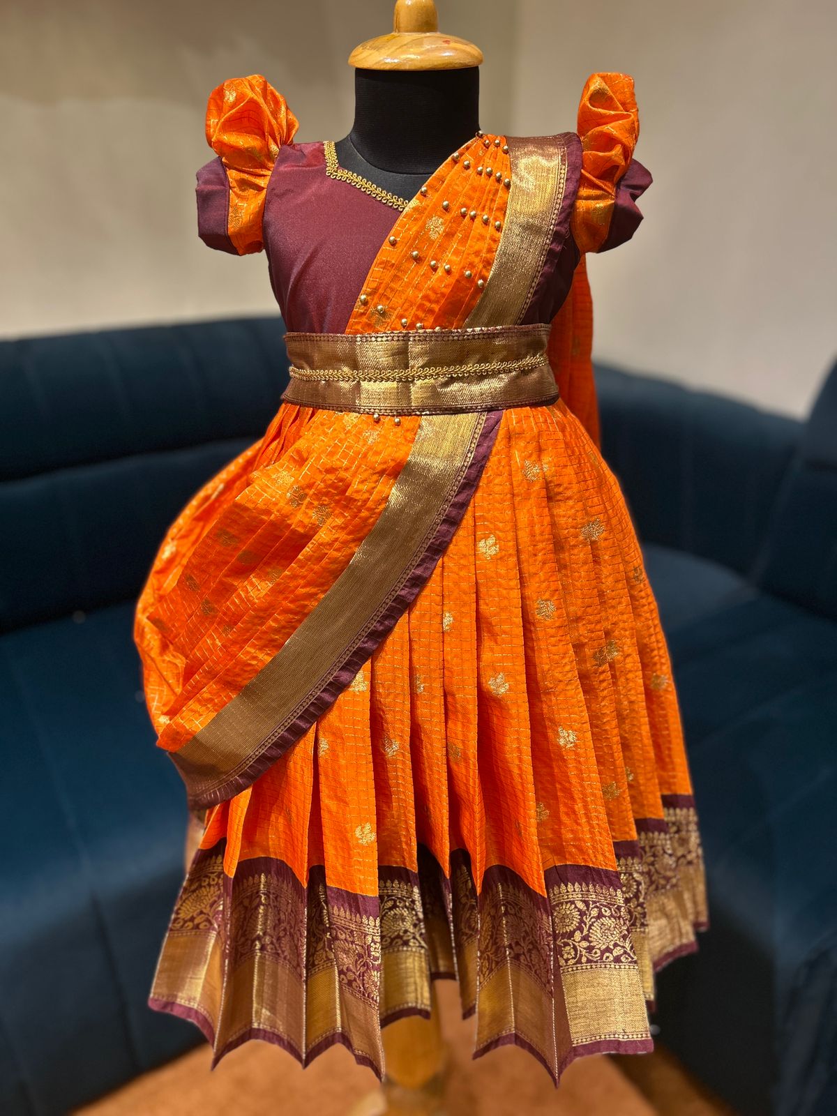 (SB415)Orange with Brown Pattu Lehenga in Flow Shawl Pattern