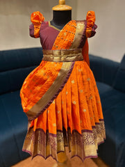 (SB415)Orange with Brown Pattu Lehenga in Flow Shawl Pattern
