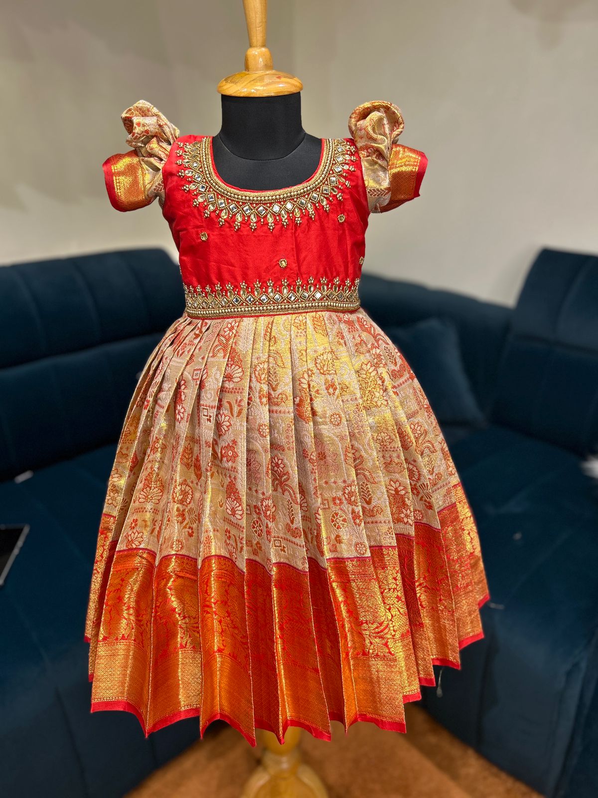 (SB420)Shruti - Bright Blood Red Kanchipuram Silk Gown with Aari Work