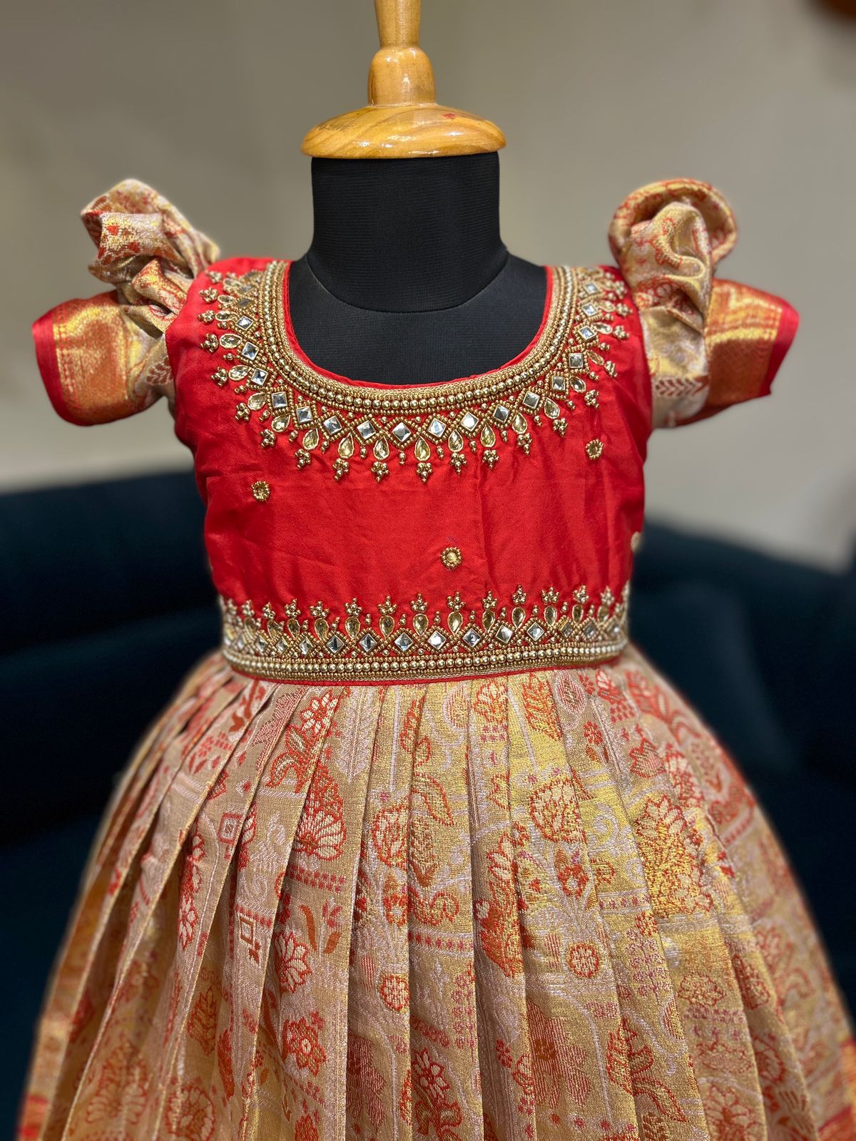 (SB420)Shruti - Bright Blood Red Kanchipuram Silk Gown with Aari Work