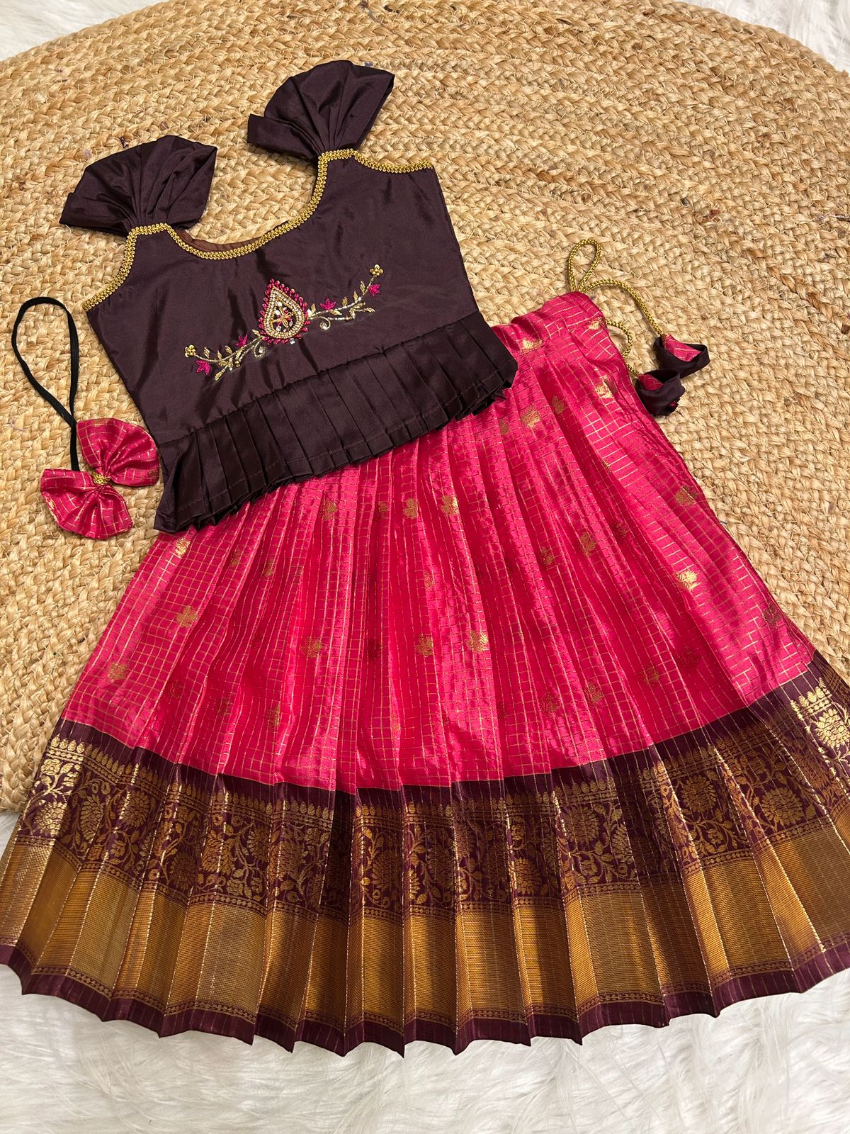 (SB428)Sevanthi - Rose with Brown Kanchipuram Patta Border Pattu Pavadai Sattai