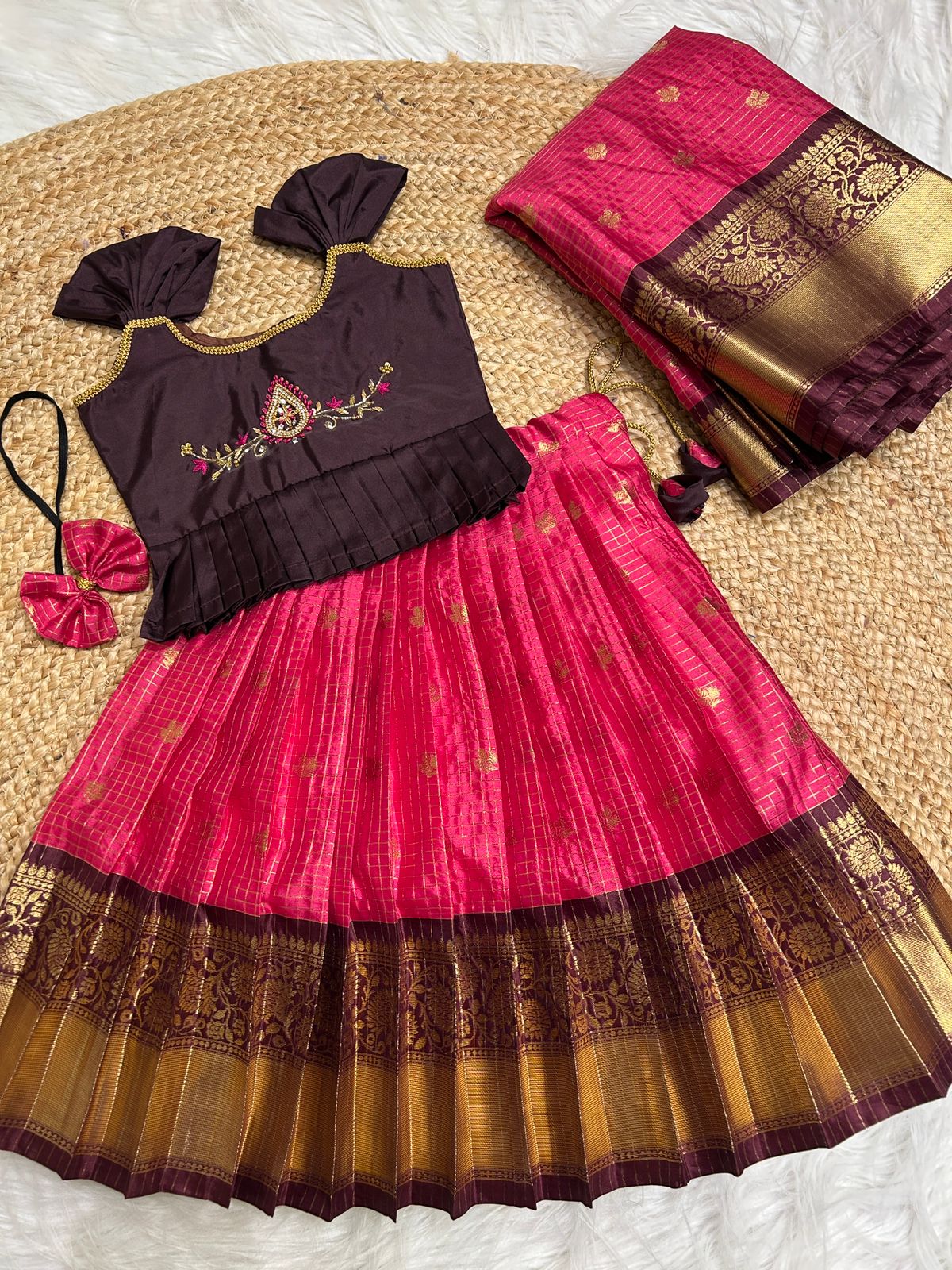 (SB428)Sevanthi - Rose with Brown Kanchipuram Patta Border Pattu Pavadai Sattai