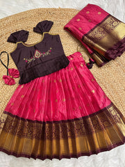 (SB428)Sevanthi - Rose with Brown Kanchipuram Patta Border Pattu Pavadai Sattai