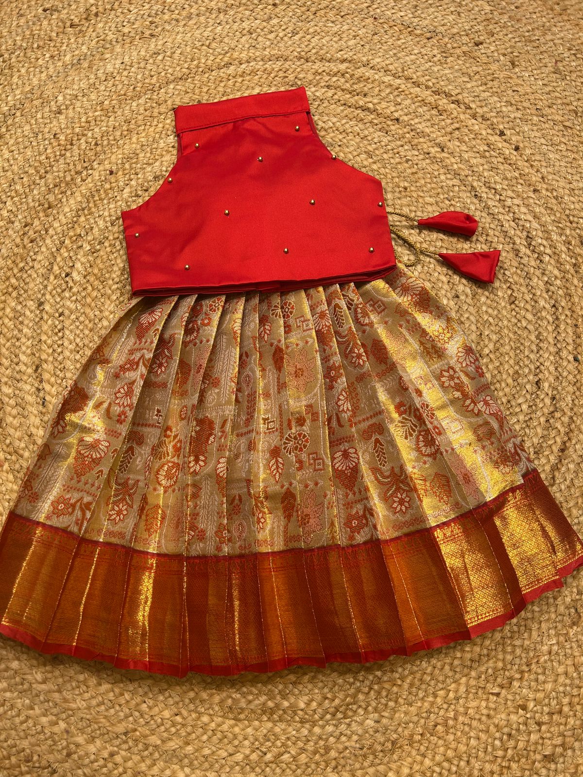 (SB432)Kanchi Queen - Red and Golden Semi Kanchi Silk Pattu Pavadai