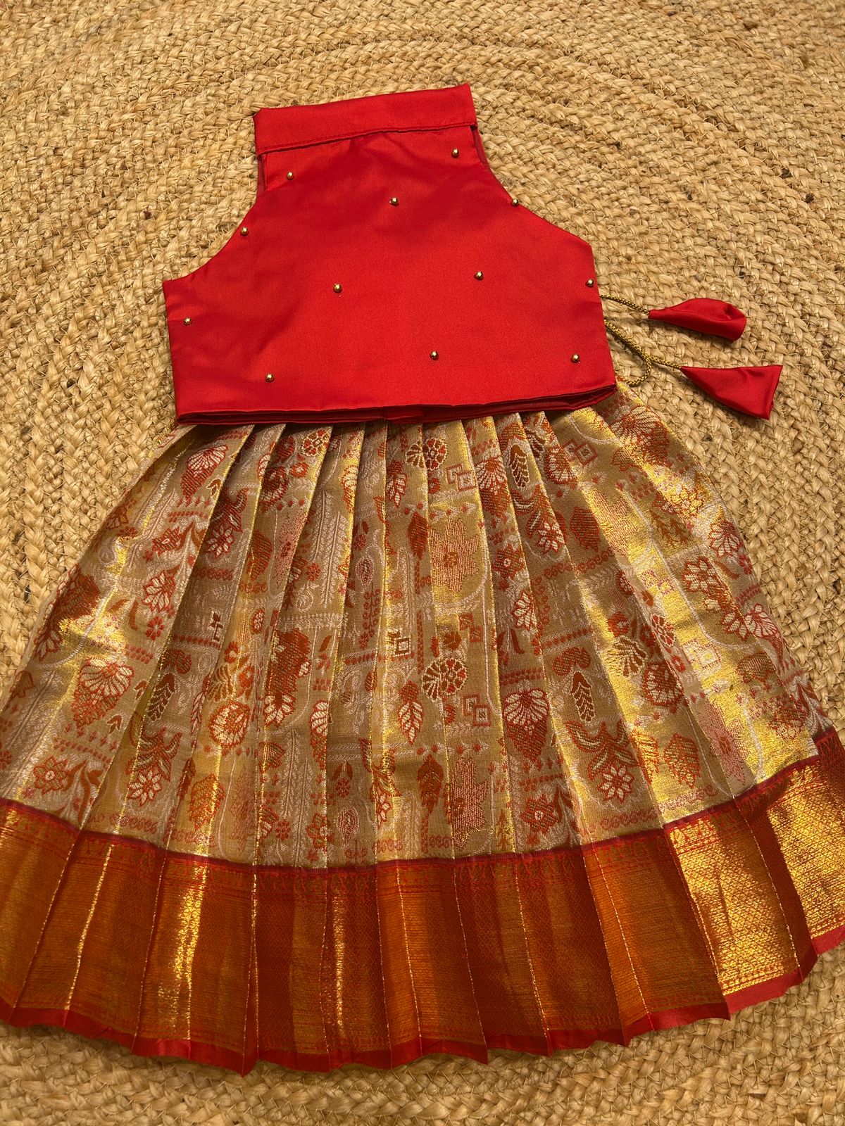 (SB432)Kanchi Queen - Red and Golden Semi Kanchi Silk Pattu Pavadai