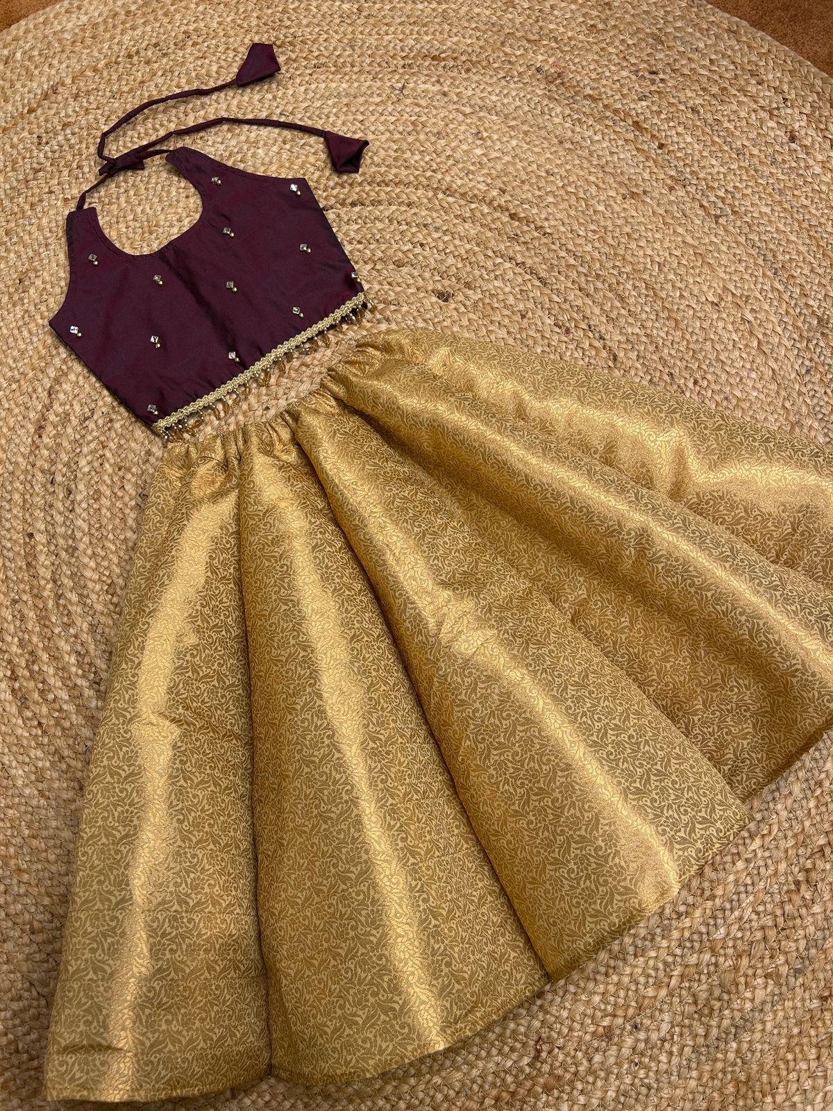 (SB434)Golden with Wine Panel Skirt and Top