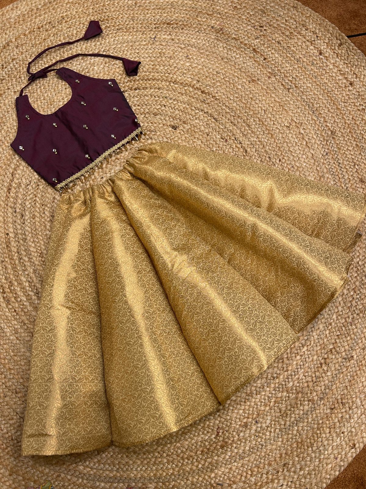 (SB434)Golden with Wine Panel Skirt and Top