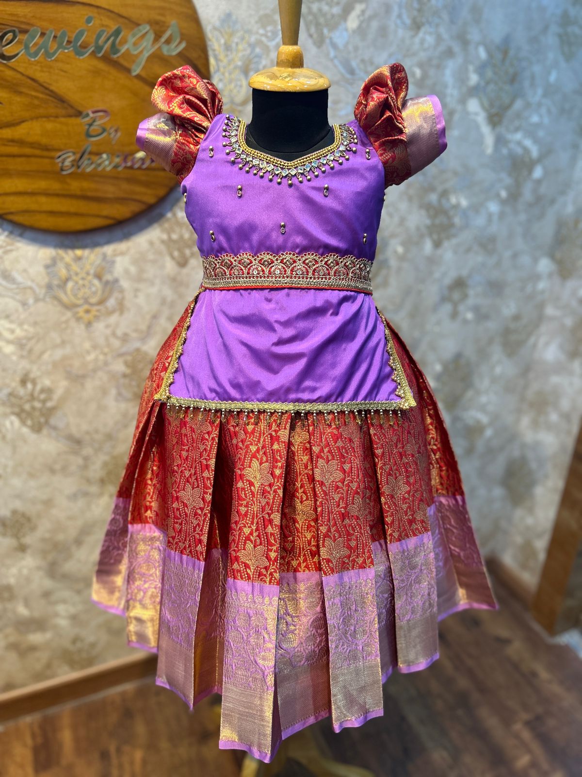 (SB435) DIWALI DRESS - Red with Lavender Chudithar Pattern Tops