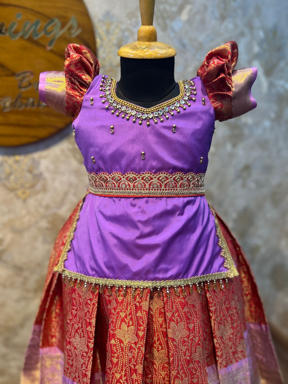 (SB435) DIWALI DRESS - Red with Lavender Chudithar Pattern Tops