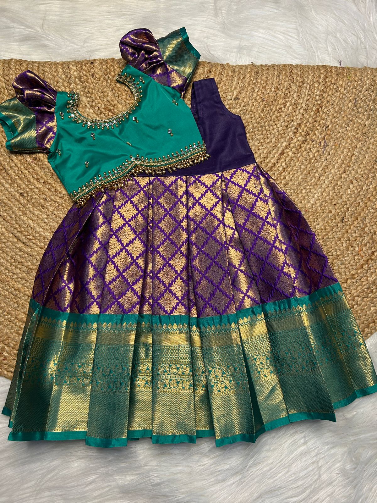 (SB436)Amethy - Purple with Green Pattu Langa