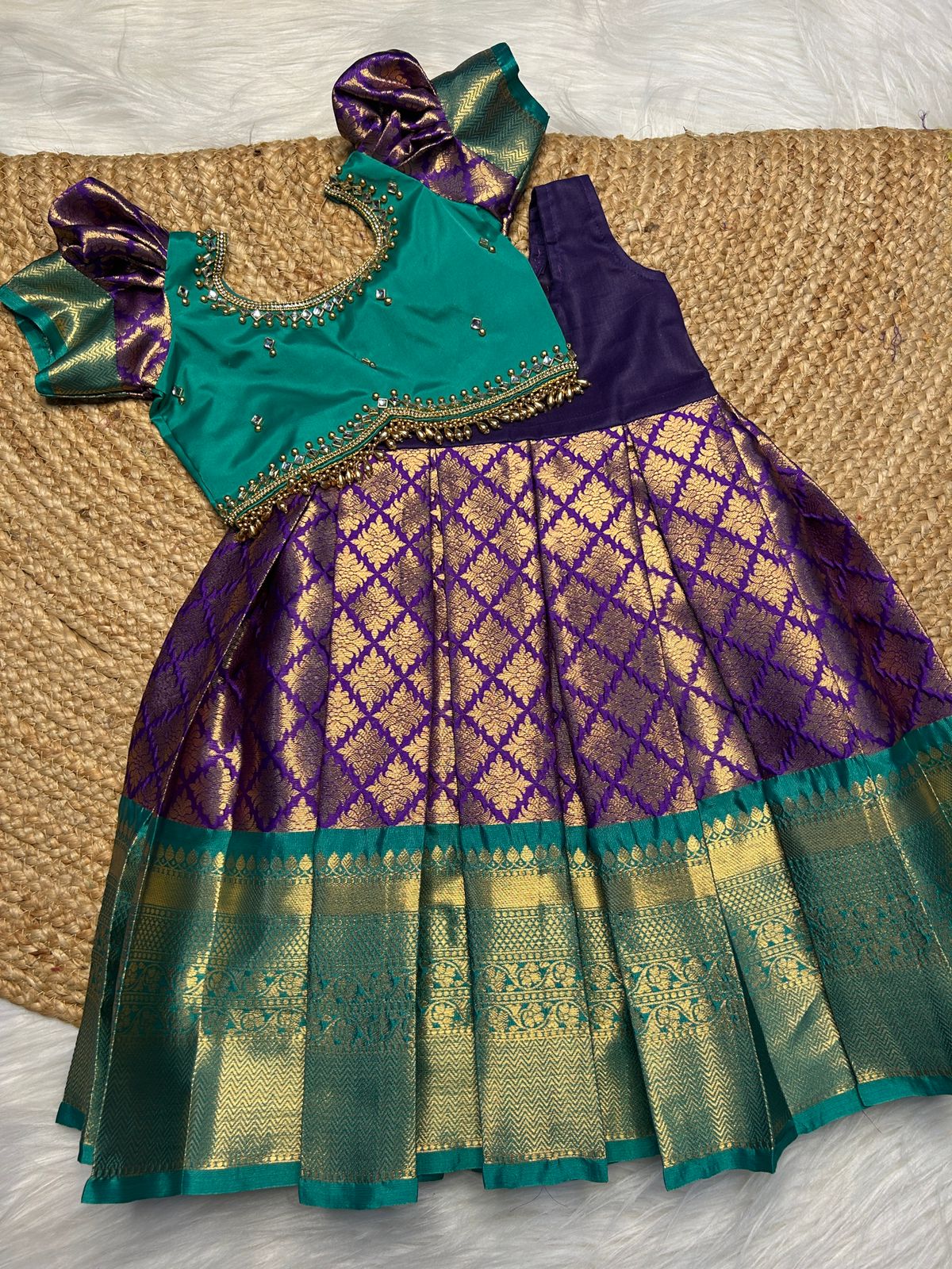 (SB436)Amethy - Purple with Green Pattu Langa