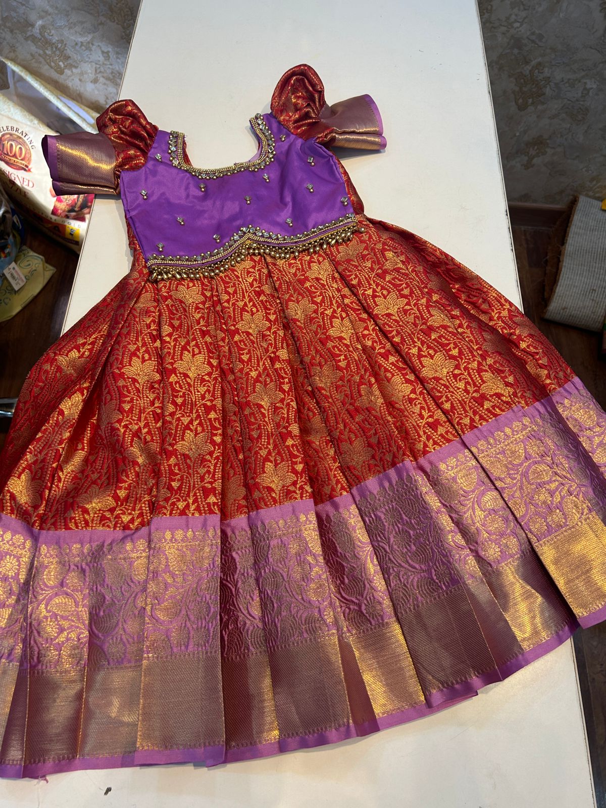 (SB448)Diwali Dress - Red Paired with Lavender Pattu Border with Zimkana Worked Tops