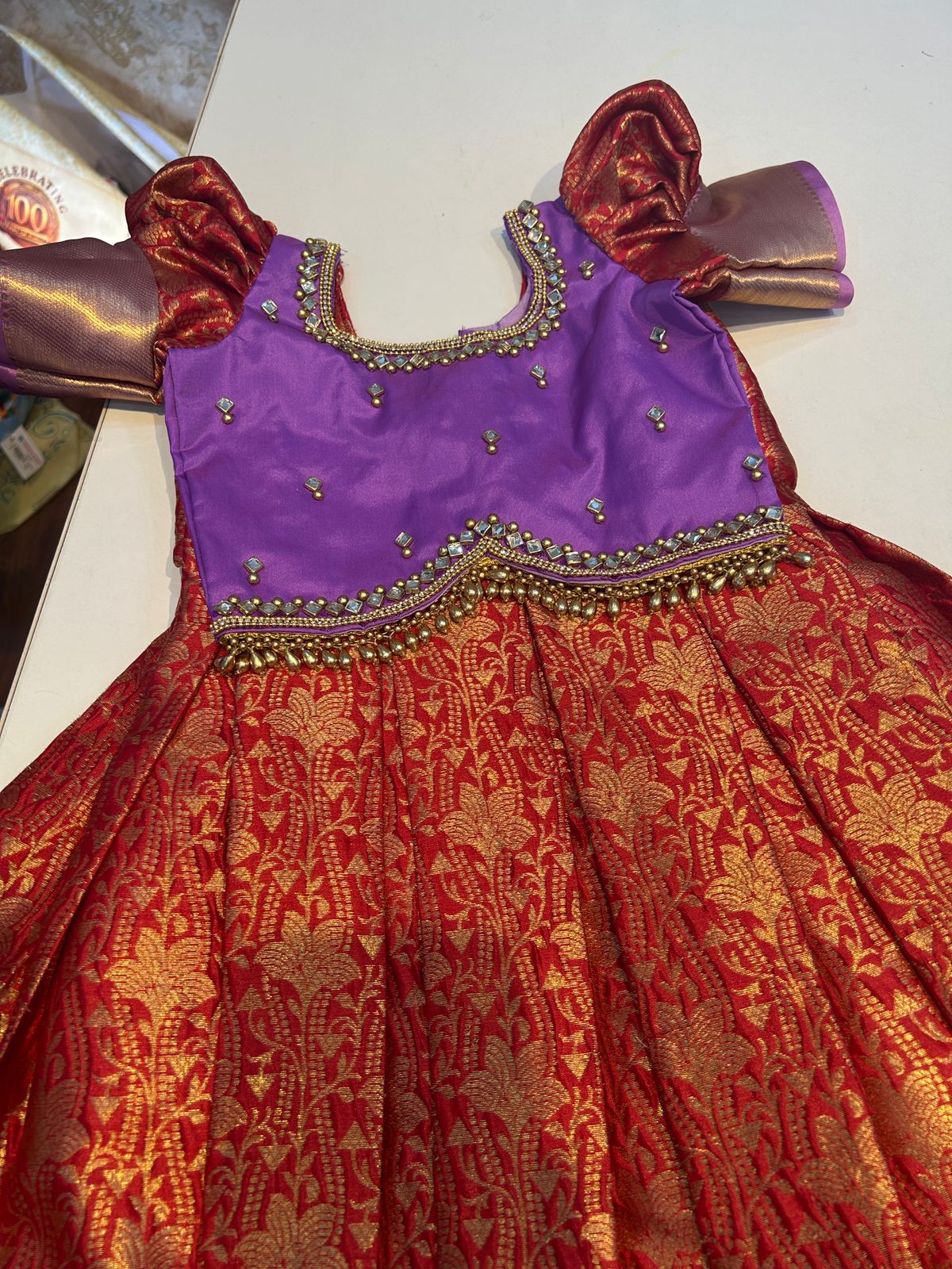 (SB448)Diwali Dress - Red Paired with Lavender Pattu Border with Zimkana Worked Tops