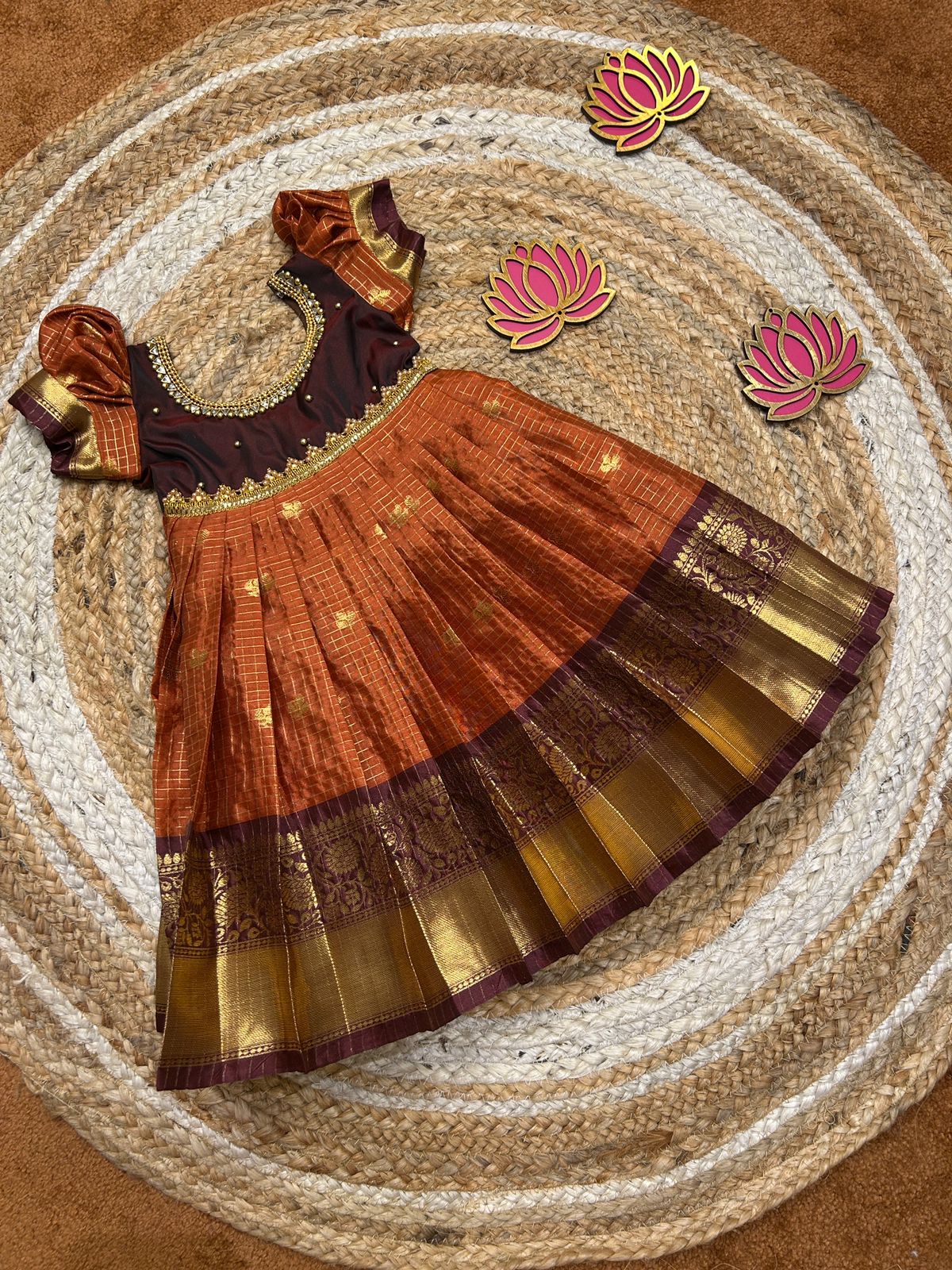 (SB466)RUSTY - Rustic Orange with Brown Kanchi Semi Silk Gown