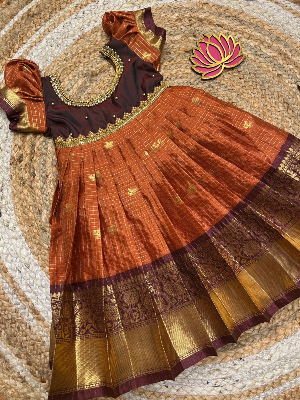 (SB466)RUSTY - Rustic Orange with Brown Kanchi Semi Silk Gown