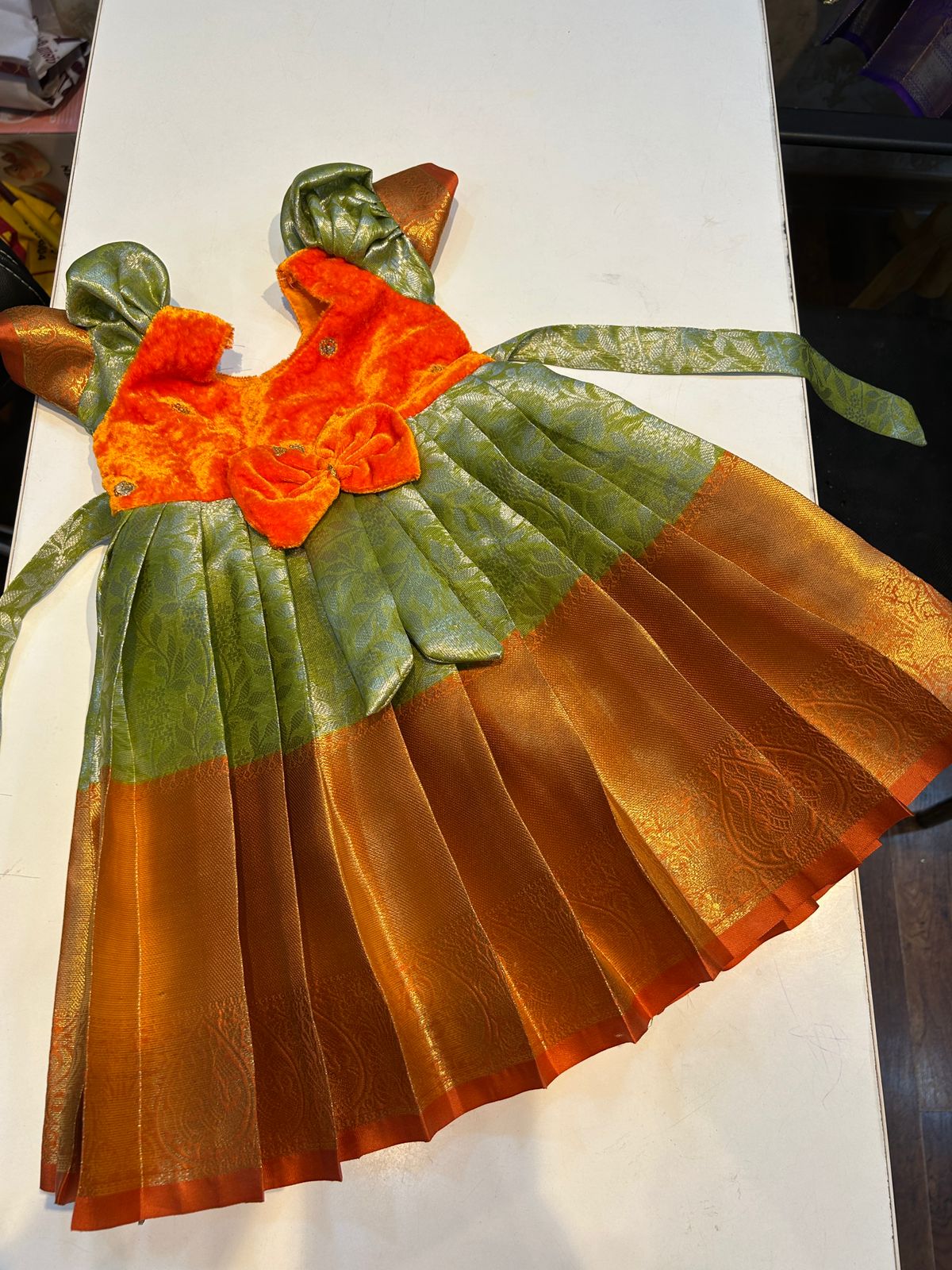 (SB468)Orange with Pista Green Silk Gown Budget