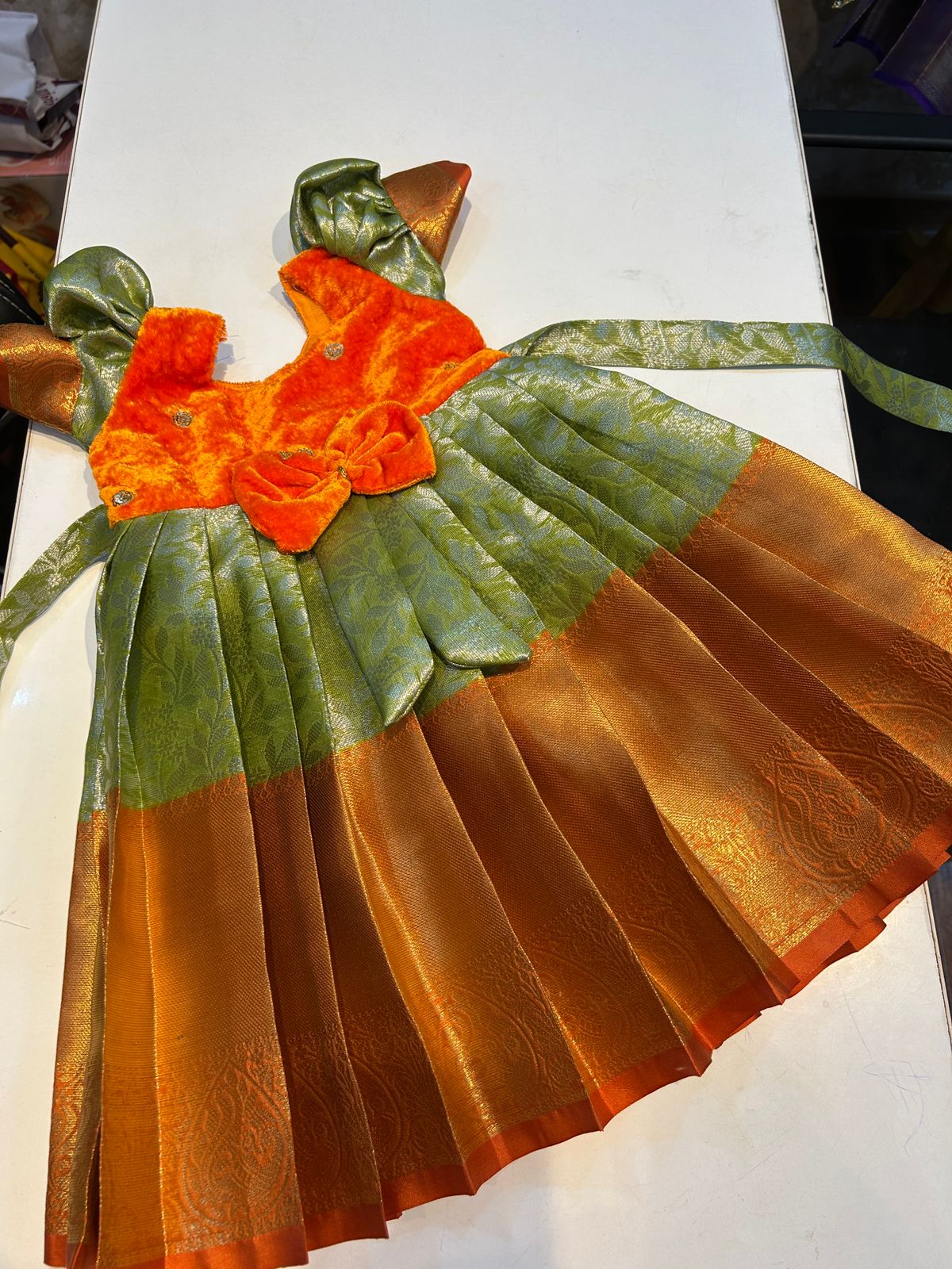 (SB468)Orange with Pista Green Silk Gown Budget