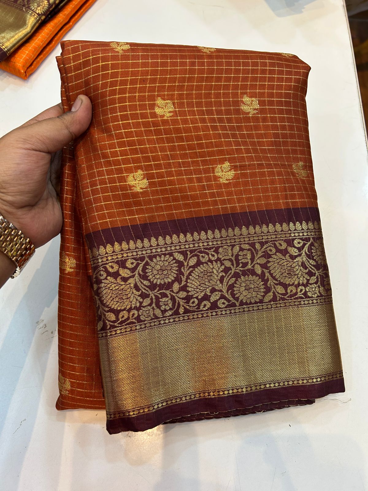 (SBS016) Rusty Orange with Brown Border Gadwal Silk Saree
