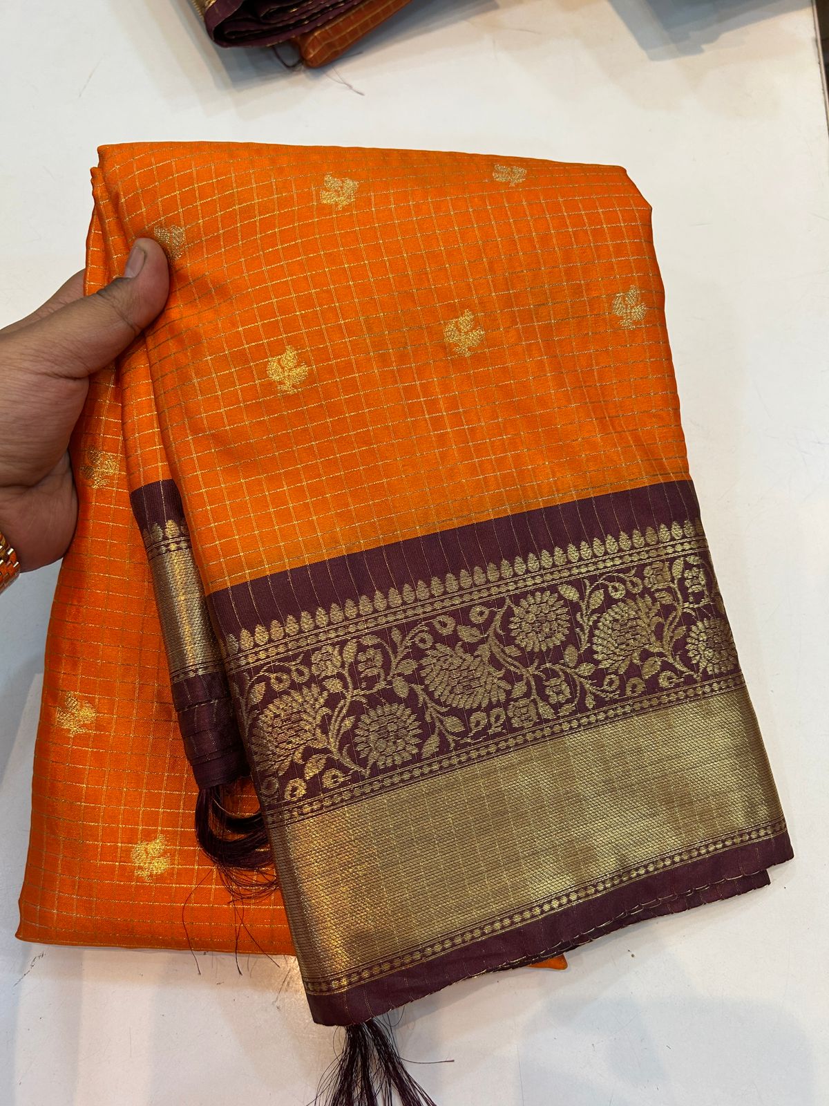 (SBS017)Yazhi Orange with Brown Border Gadwal Silk Saree