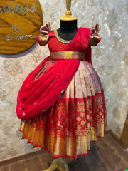 (SB472) Santa - Red Gadwal Semi Silk with Space Silk Butta Worked Duphatta