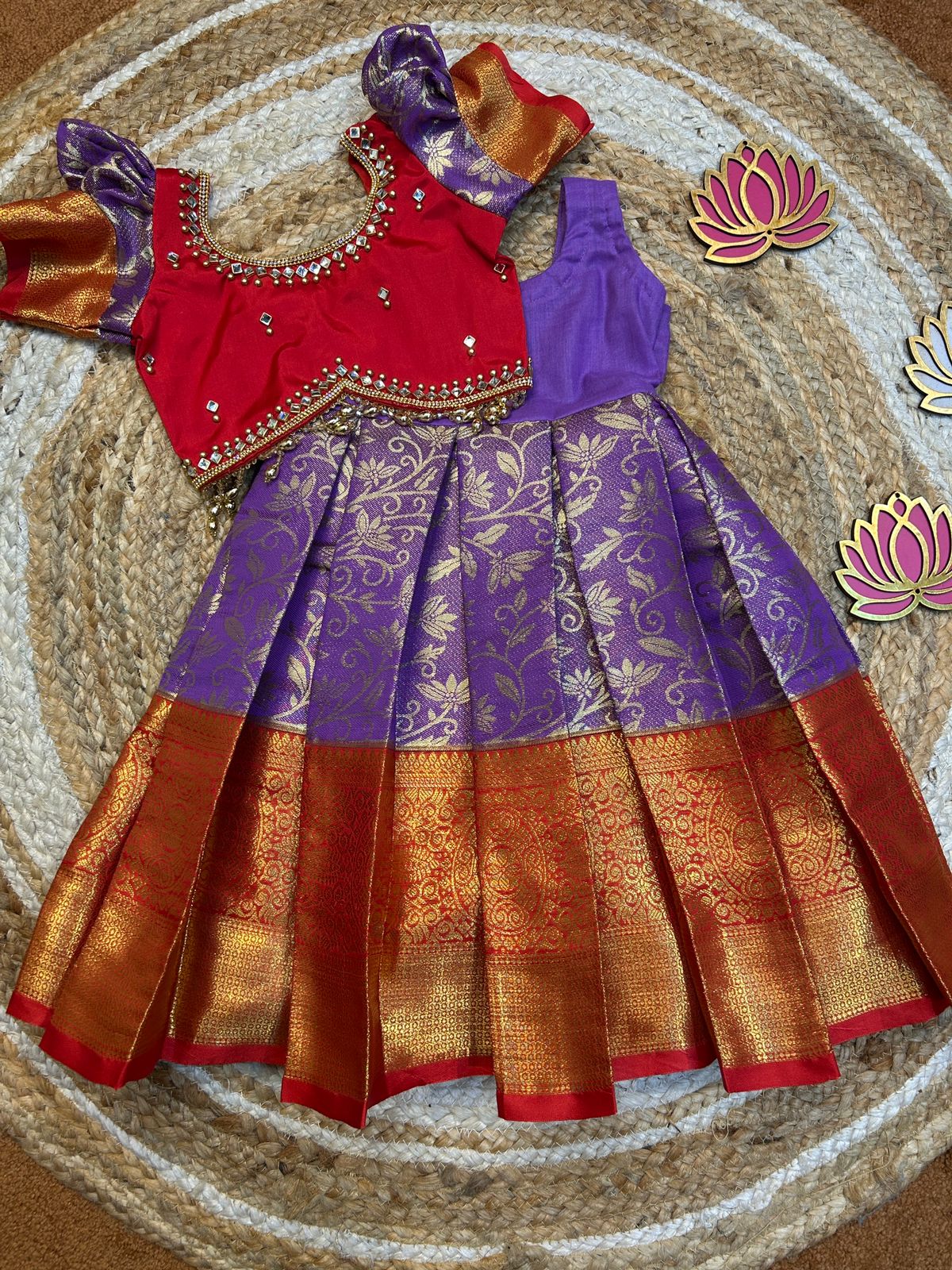 (SB476)Akshaya - Purple with Red Kanchi Semi Silk Gown