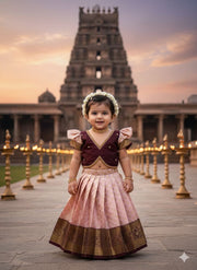 (SB478)Minmini - Pinkish Nude with Brown Pattu Pavadai