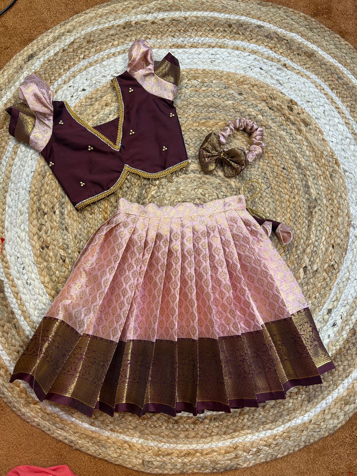 (SB478)Minmini - Pinkish Nude with Brown Pattu Pavadai