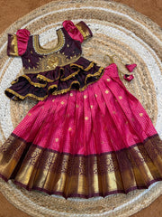 (SB487) Sevanthi in Traditional Pavadai Sattai Pattern - Dark Pink with Brown Gadwal Silk Lehenga