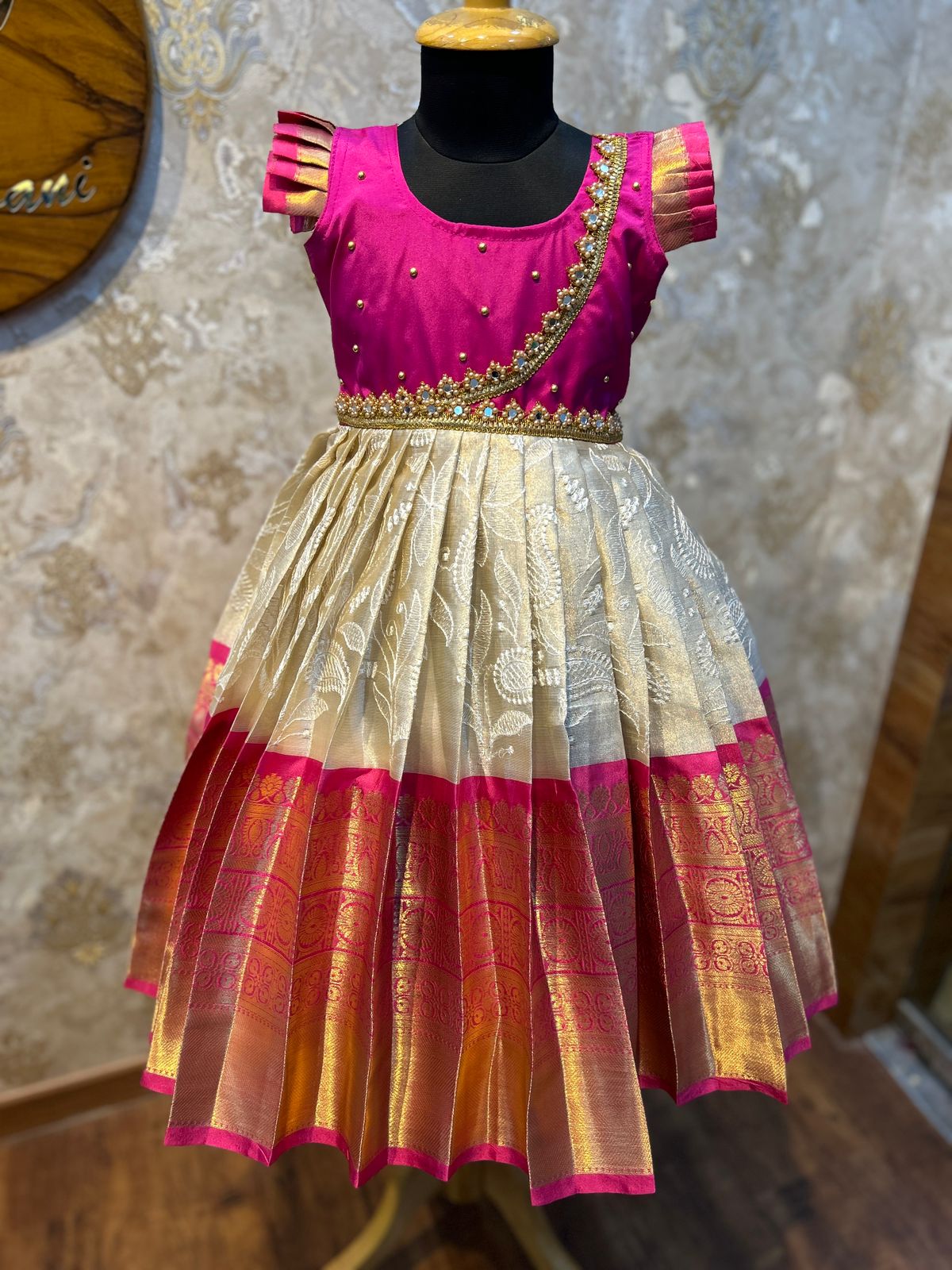 (SB488)Pink Silk Gown with Full Embroidery Bottom in Gadwal Silk
