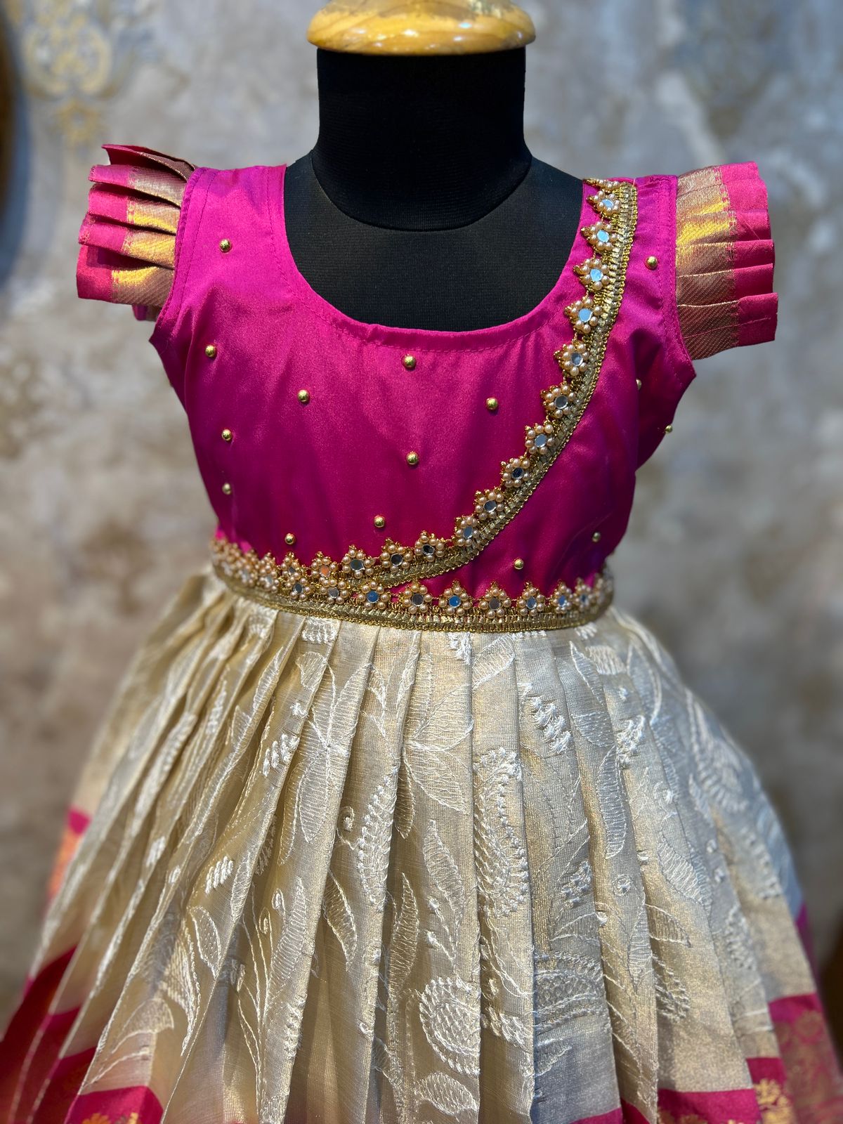 (SB488)Pink Silk Gown with Full Embroidery Bottom in Gadwal Silk