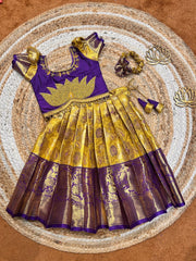 (SB489)Citroni - Lemon Yellow with Purple Originally Aari Worked Lotus Silk Lehenga