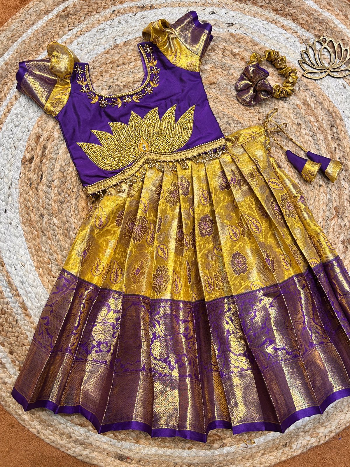 (SB489)Citroni - Lemon Yellow with Purple Originally Aari Worked Lotus Silk Lehenga