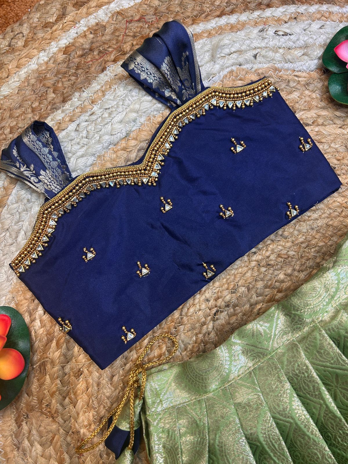 (SB491) Megna - Green with Ink Blue Pattu Gadwal Silk Gown