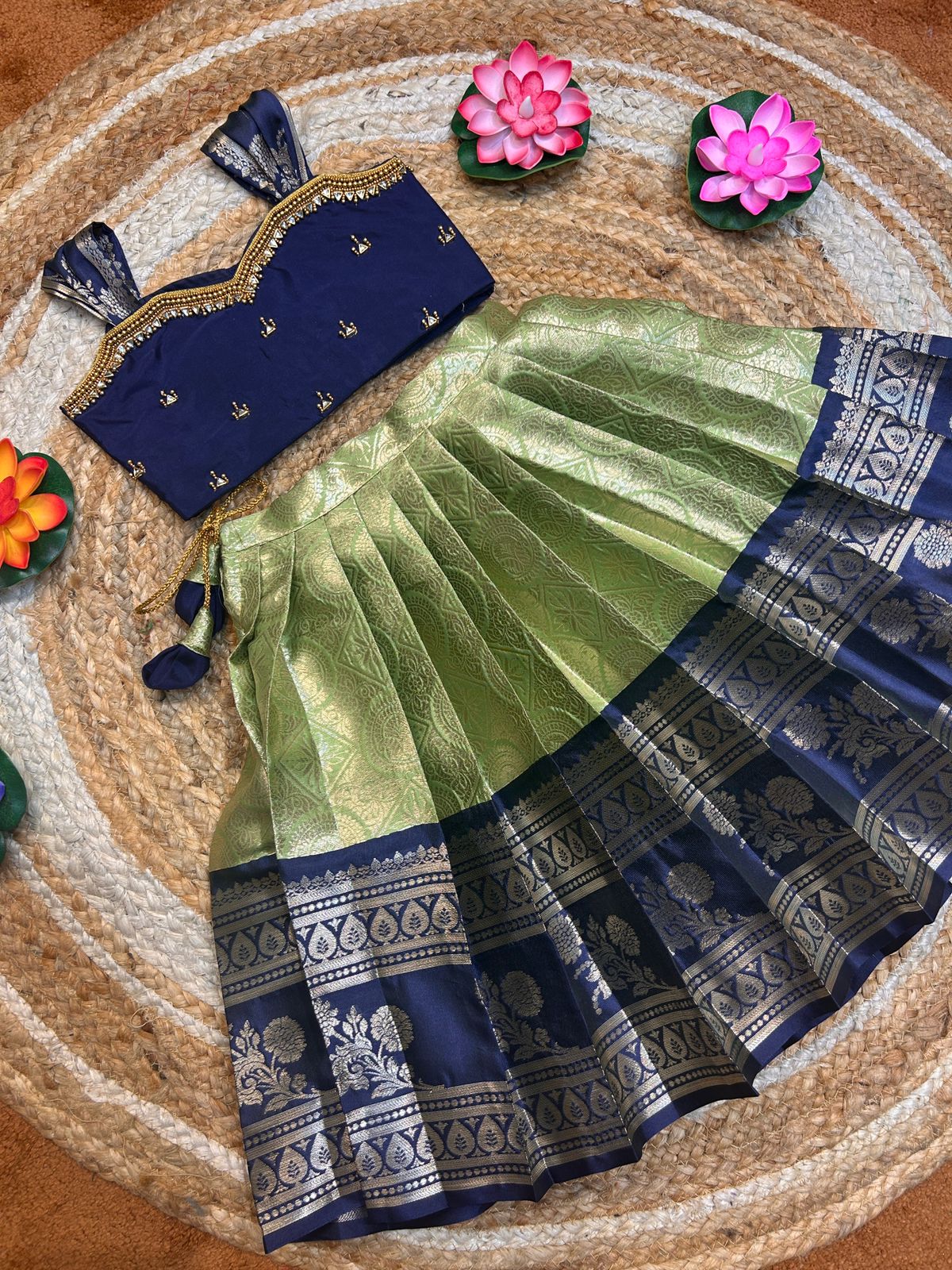 (SB491) Megna - Green with Ink Blue Pattu Gadwal Silk Gown
