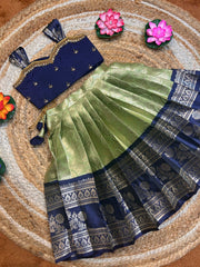 (SB491) Megna - Green with Ink Blue Pattu Gadwal Silk Gown