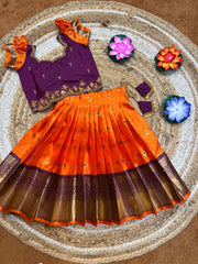 (SB495)Aura - Orange with Purple Kanchi Border Silk Lehenga