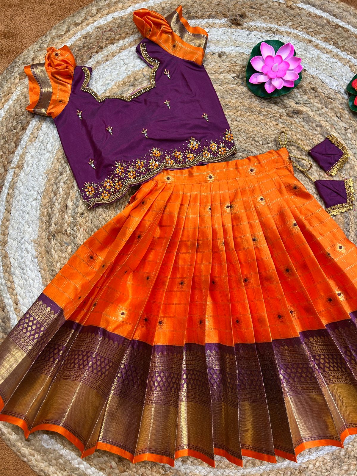 (SB495)Aura - Orange with Purple Kanchi Border Silk Lehenga