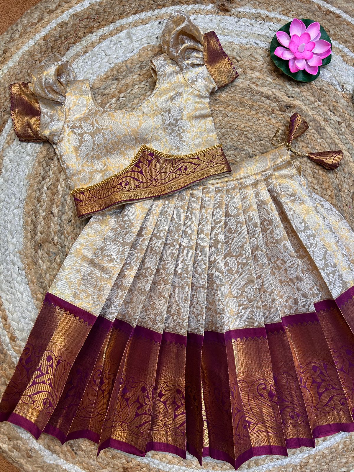 (SB496)Creamy Golden with a Purple Wine Kanchi Rich Border Pavadai Sattai