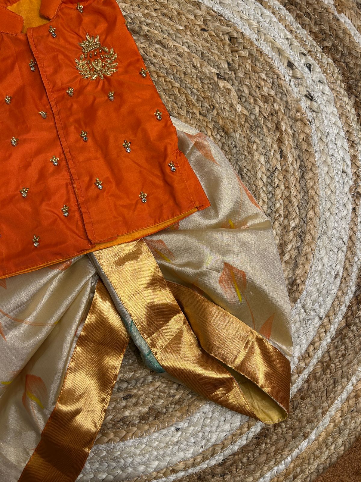 (SB501)Orange Floral Boys Kurta in Aari Work