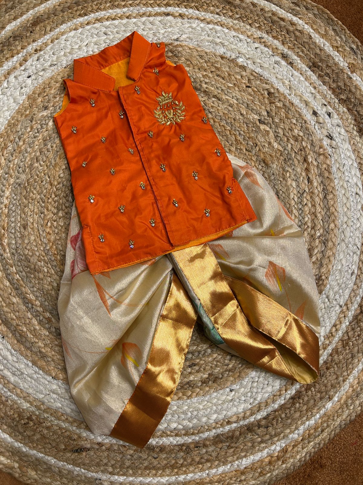 (SB501)Orange Floral Boys Kurta in Aari Work