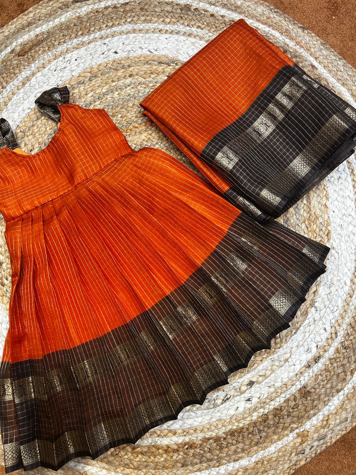 (SB503) Budget Rustic Orange with Brown border silk gown with SAREE (COMBO OFFER)