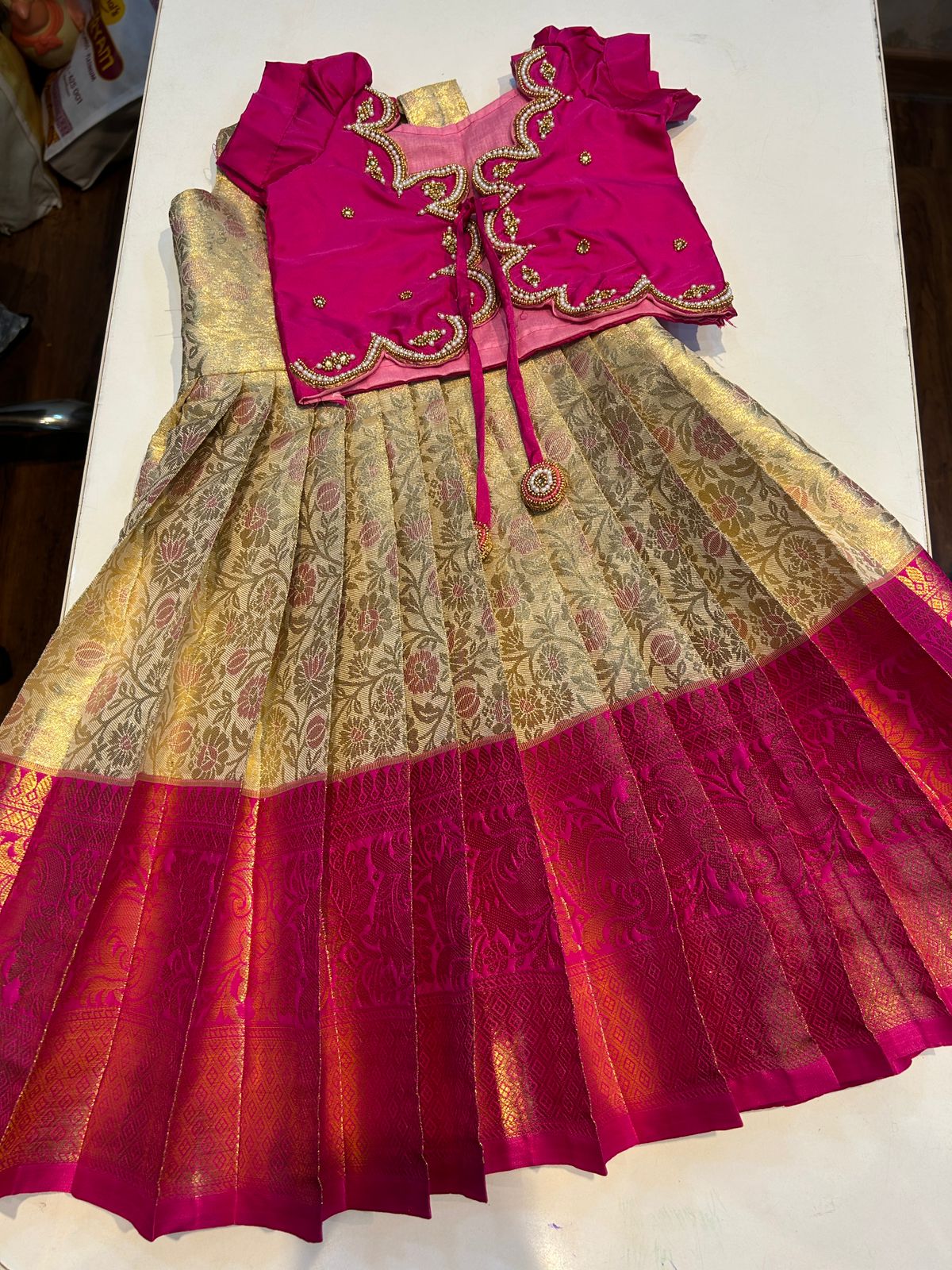 (SB504) Pink Aari Overcoat with Golden Silk Gown(Not For PONGAL)