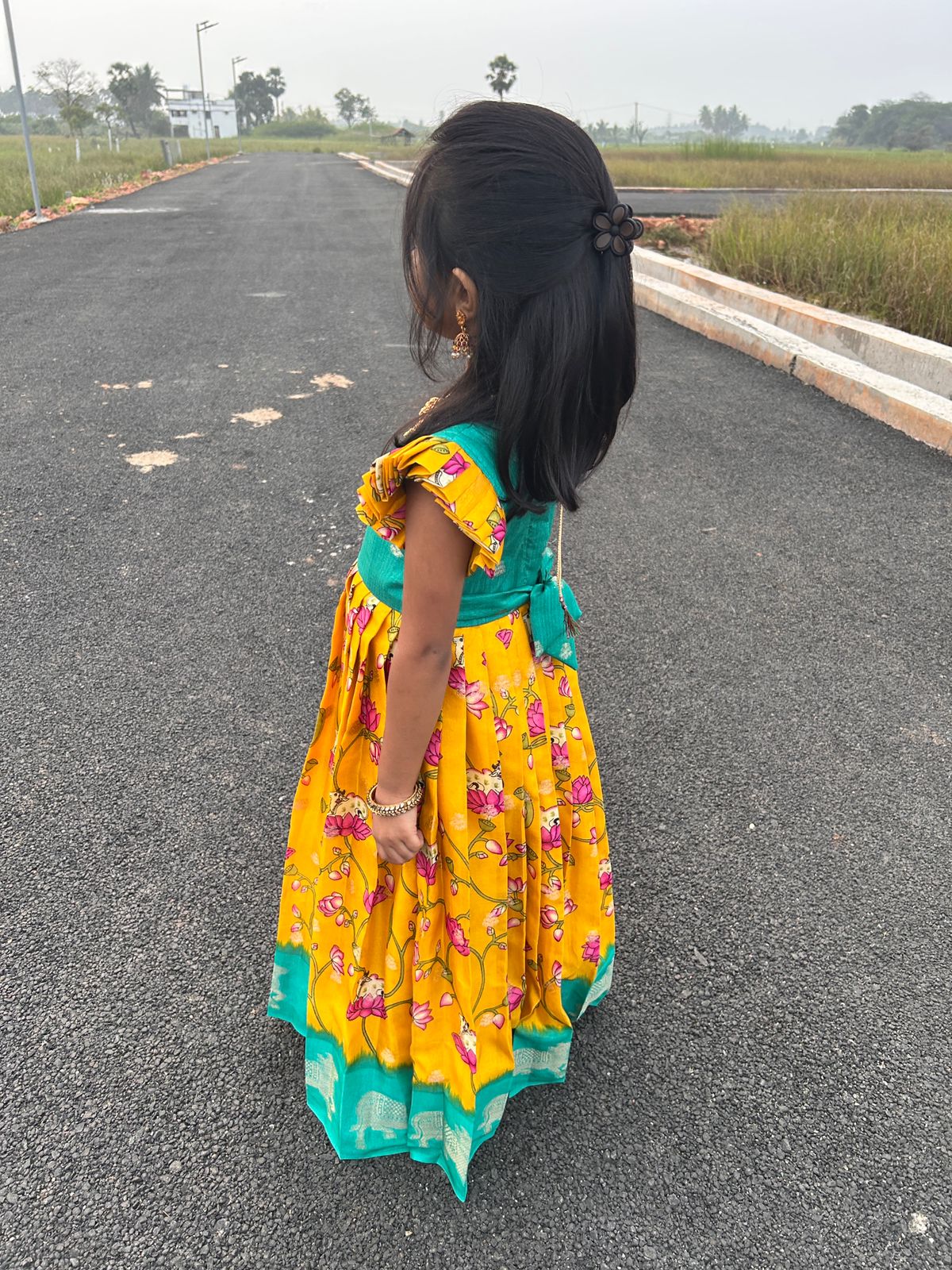 (MAX01) Yellow with Green Kids Maxi with Pitchaiwai and Lotus Prints