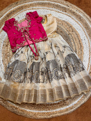 (SB510)Cow and Human Motifs Silk Gown with Aari Worked Overcoat