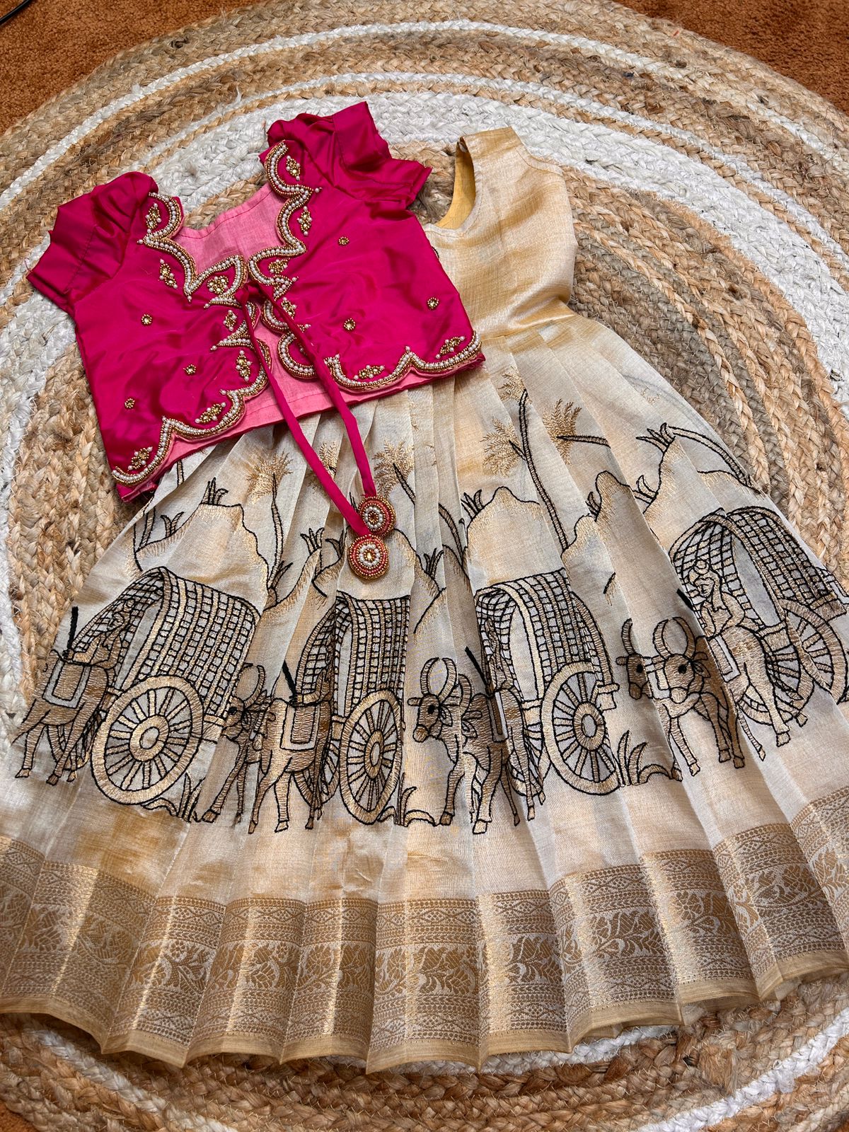 (SB510)Cow and Human Motifs Silk Gown with Aari Worked Overcoat